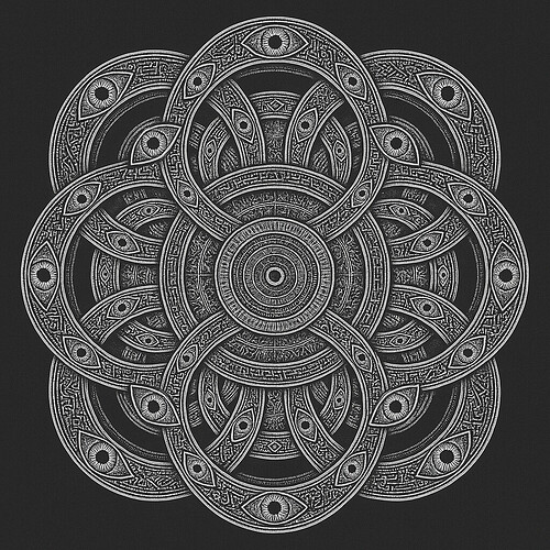 An intricately designed circular emblem featuring a stylized "B" at the center, surrounded by geometric patterns and circuitry motifs in shades of cyan, blue, and gold against a dark background.