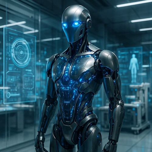 A sleek, futuristic humanoid robot with blue glowing eyes stands in an advanced, technologically equipped room. (Captioned by AI)