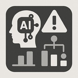 The image depicts a stylized illustration of an AI-enhanced head accompanied by a warning sign, a flowchart, and bar graphs, suggesting themes of AI, data analysis, and caution. (Captioned by AI)