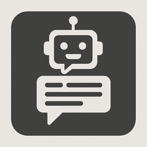 The image features a black and white icon of a robot head with a speech bubble below it, indicating communication or dialogue. (Captioned by AI)