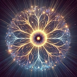 DALL·E 2025-01-31 21.23.27 - An abstract representation of the thalamus core, depicted as a glowing central sphere with radiating neural pathways. The core emits soft pulses of en