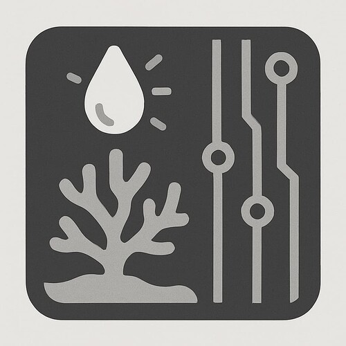 This image appears to be an icon representing humidity control or regulation, featuring a water droplet, a plant, and two vertical sliders with circular handles on a dark background. (Captioned by AI)